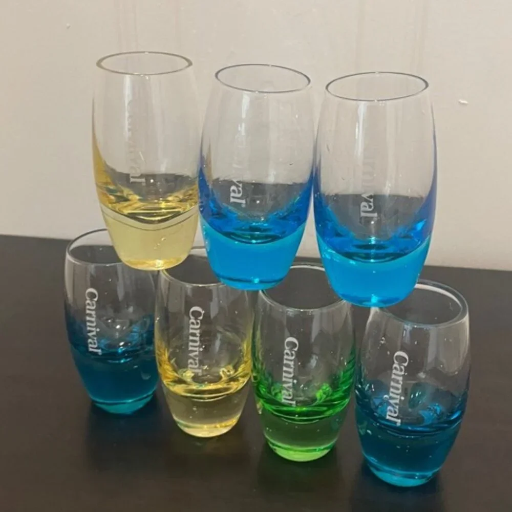 Carnival Cruise Line etched shot glasses SET OF 7 oval shape versatile aesthetic